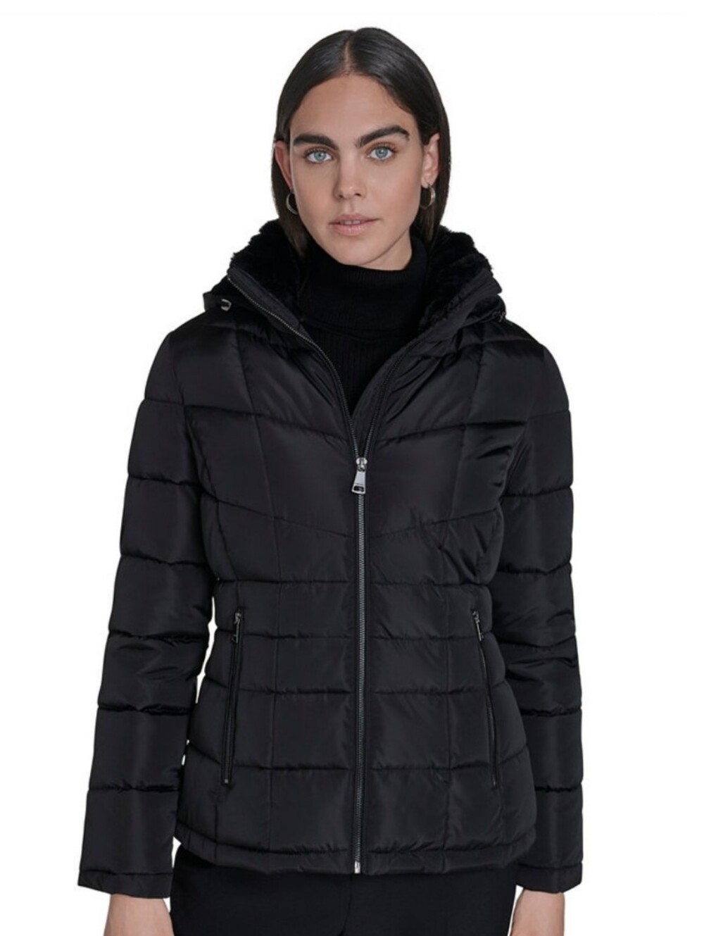NWT Calvin Klein Black Hooded Short Puffer Jacket Faux Fur Collar Size M Coat
